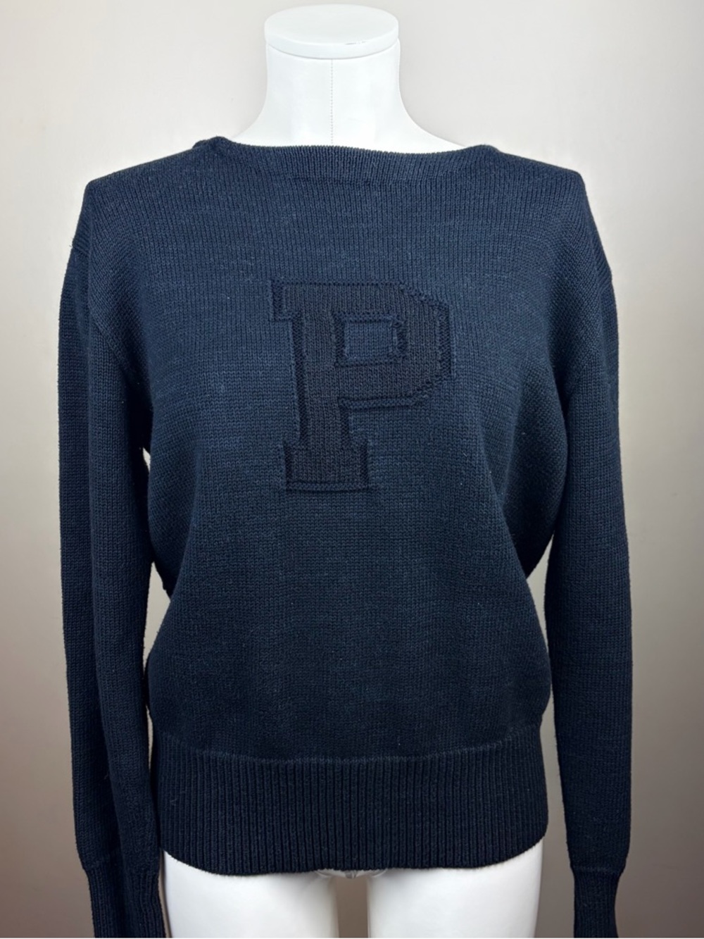 Polo Ralph Lauren Black Collegiate Rugby Preppy Crewneck Sweater with Raised 'P'